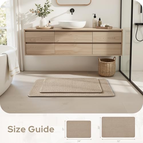 HOMEIDEAS Bathroom Rugs Set 2 Piece, Ultra Thin Non-Slip Bath Mats Rubber Backed, Chenille Absorbent Quick Dry Mats, Boho Bathroom Rugs, Low Profile Fits Under Door (Beige, 32"x20"+24"x17") - color: Beige