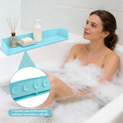 Bathtub Splash Guard, Longer Silicone Splash Guard for Bathtub with 11 Suction Cups, Prevents Water Spills in Bathroom, with Storage Area, 31.5" x 4.53" (Color:Blue)