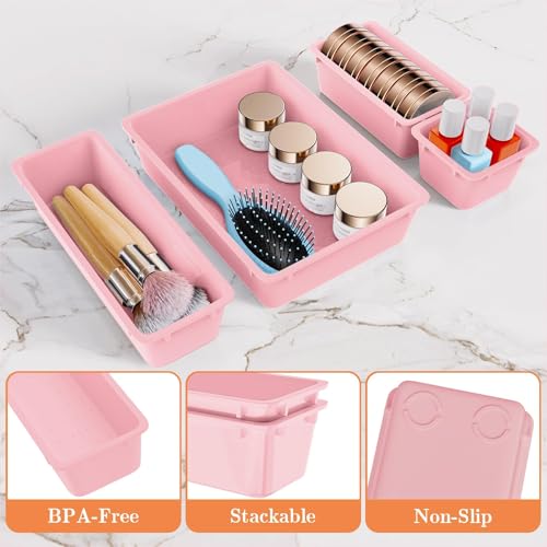 SpaceHacks 25 PCS Plastic Drawer Organizer Set, 4-Size Versatile Organizer Trays & storage Bins for Makeup, Jewelry, and Gadgets in Bathroom, Bedroom and Office, Pink - color: Pink