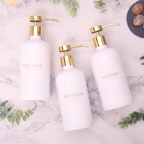 Shampoo and Conditioner Dispenser Set of 3,Refillable 20.5OZ Shampoo Bottles with Non-Slip Protective Silicone Pad,Shower Soap Dispenser with Waterproof Labels for Bathroom (White) - color: White Bottles + Gold Pumps