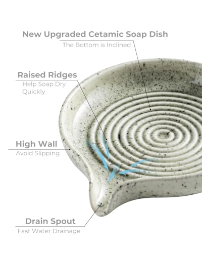 Soap Dish with Self-Draining Design, Ceramic Soap Holder with Drain Spout Soap Tray for Shower, Bathroom and Kitchen Sink, Keep Bar Soap Dry, Speckled Glaze - color: Speckled Glaze, size: Round