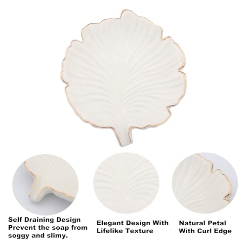 White Leaf Bathroom Soap Dish,Ceramic Soap Dish Holder in Palm Leaf Style,Self Draining Design and Used to Hold Various Small Bathroom and Kitchen Accessories - color: White