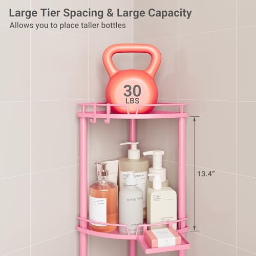ELYKEN Corner Shower Caddy Standing, 3 Tier Rustproof Metal Shower Organizer with Soap Holder, Floor Shower Corner Shelf Rack Storage Stands with Adjustable Feet & 2 Hooks for Bathroom, Pink - color: Pink, size: 3 Tier