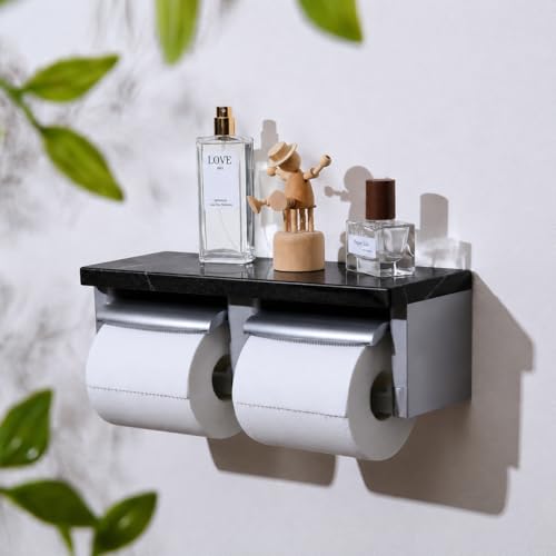 Matte Black Marble Twin Toilet Paper Holder, Modern Silver Wall Mount Dual Toilet Paper Holder with Phone Shelf, Slim Marble Toilet Paper Dispenser - color: Marble Black&silver, size: Full