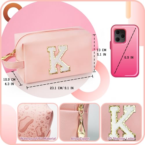 Personalized Initial Makeup Bag with Handle, Preppy Cosmetic Bag with Inner Zipper Pocket, 8 9 10 11 12 13 14 Years Old Girl, Graduation Gifts for Teen Girls Women Teachers (K, Pink) - color: Pink, style: K