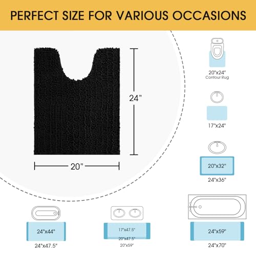 ACCUMTEK Upgrade Luxury Black Toilet Bathroom Rug Mat 24" x 20" Contour Rug, Ultra Soft Thick Absorbent Bath Mats, Non Slip Chenille Toilet Mat for Bathroom, Bedroom, Kitchen, Shower, Tub - color: Black, size: 1'8" x 2' (U-Shape)
