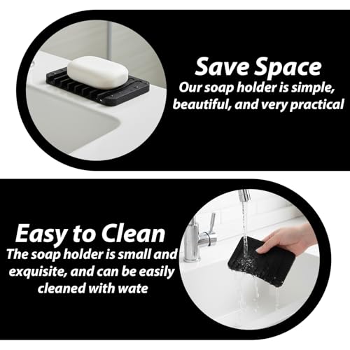 Silicone Soap Dishes Self Draining, 3 Pcs Soap Holder for Shower Bathroom Kitchen Sponges, Keep Dry Clean(Black)