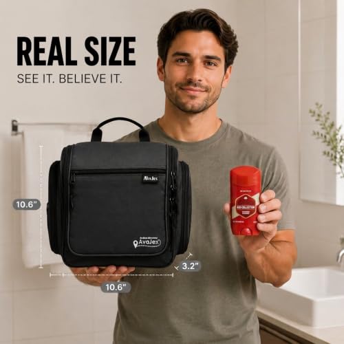 AvaJex Travel Toiletry Bag for Men - Large Dopp Kit (10.6"x10.6"x3.2") - Hanging Waterproof Mens Hygiene Organizer Bag with XXL Metal Swivel Hook, Sturdy Zippers and 19 Compartments for Toiletries - color: L Jet Black