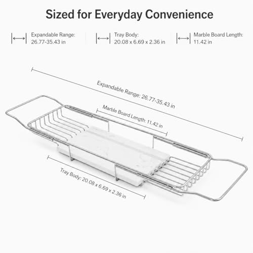 Expandable Bathtub Tray, Stainless Steel Bath Table Tray with Marble Board, Modern Luxury Bathtub Shelf for Bathrooms, Kitchen Sink (Silver+White) - color: Silver+white