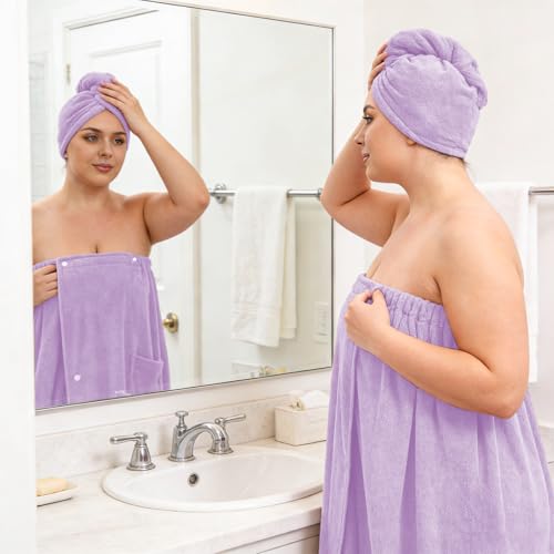 Women’s Plus Size Towel Wrap with Hair Towel (2XL-4XL), Oversized Shower Body Wrap Bathrobe, Soft Quick-Dry Hair Drying Towel for Spa Use Light Purple - color: Light Purple, size: 2XL-4XL