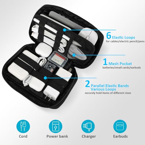GOX Cable Organizer Travel Bag, Water Resistant Electronic Accessories Case, All-in-One Tech Storage Pouch for Chargers, Cords, Batteries,Phone, Hard Drive & Power Bank, Black - color: Black