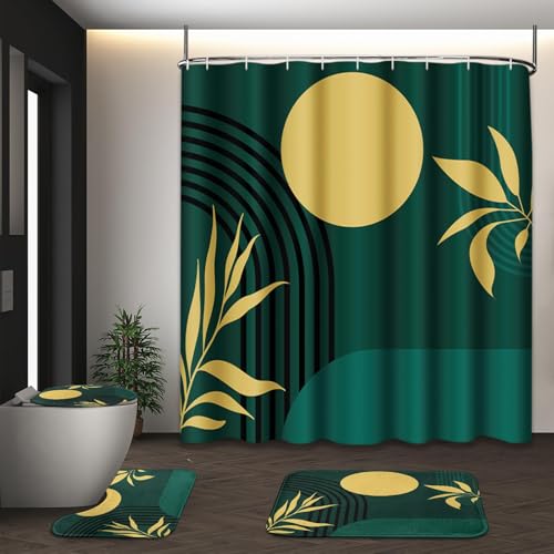 Boho Mid Century Shower Curtain Set with Toilet Lid Cover and Non-Slip Rugs, Abstract Geometric Dark Green 4 Pcs Modern Minimalist Shower Curtain for Bathroom Set with 12 Hooks - color: Boho Dark Green