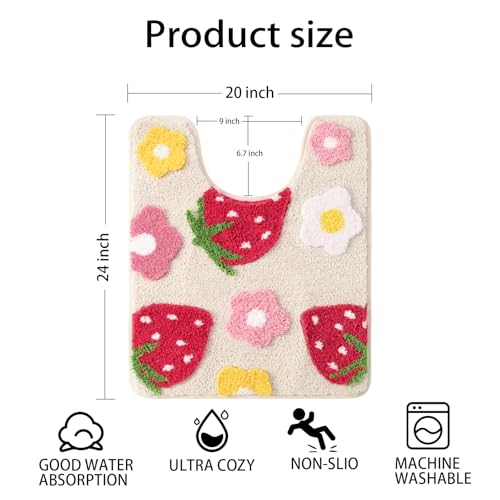 Anybar U-Shaped Toilet Rug 20x24'' - Super Soft Absorbent Bathroom Mat with Cute Strawberry & Flower Design, Non-Slip Quick-Dry Washable Contour Rug for Toilet, Bath Mats for Bathroom Decor（Beige） - color: Beige, size: 1'8" x 2' (U-Shape)