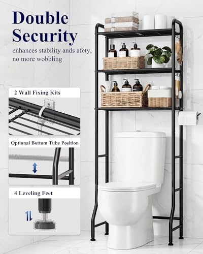 Kitsure Over Toilet Storage Rack, 63.2" H Space-Saving, Holder & Hooks | Bathroom, Laundry Room, Small Spaces, Families, Durable Metal, Black, 3 Tier - color: Black, size: 3 Tiers (63.2"H)