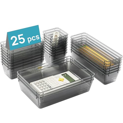 Vtopmart 25 PCS Office Desk Drawer Organizers Set, 4-Size Versatile Plastic Drawer Organizer Trays, Storage Bins for Desk Accessories Office Organizers and Storage, Bathroom, Makeup, Vanity - color: Clear Black