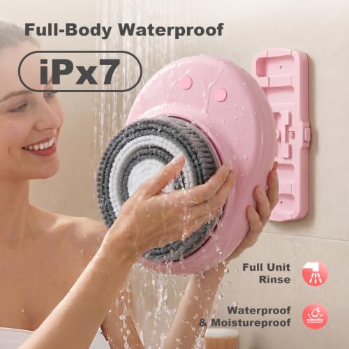 Electric Back Scrubber for Shower Wall Mounted, Hands-Free, 7'' Large Brush | Parents, Fitness Enthusiasts, Luxury Home Spa; Auto-Rotating Brush; 3 Speed Adjustment Exfoliating Brush For Back Cleansing - color: Pink