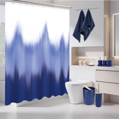 iMucci Bathroom Accessories Bathroom Sets with Shower Curtain, Bath Towel Set, Trash Can, Toilet Brush, Soap Dispenser, Bathroom Accessories Set Complete - size: Bath Set+Shower Curtain+Bath Towel Set, style: Navy Blue