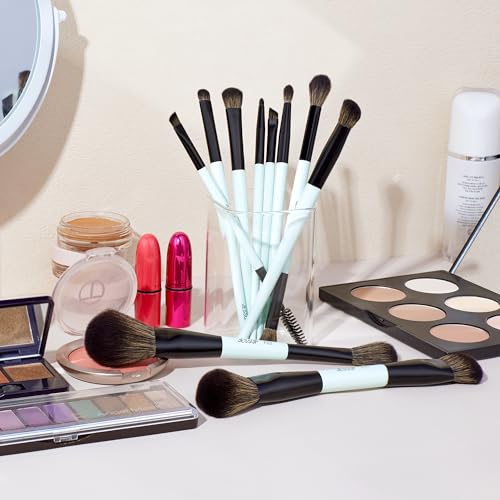 Jessup Makeup Brushes Set 10pcs, Double Sided Foundation Contour Blush Highlight Blending Eyebrow Brush Eyeshadow Eyeliner Concealer Brush, Bright Cyan Cruelty Free Cosmetic Tools T500 - style: 10pcs-T500