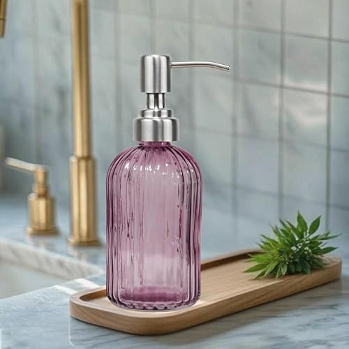 14Oz Purple Soap Dispenser Bathroom, Clear Glass Hand Soap Dispensers with Stainless Steel Pump, Refillable Dish Soap Dispenser for Kitchen, Countertop Soap Dispensers - color: Purple