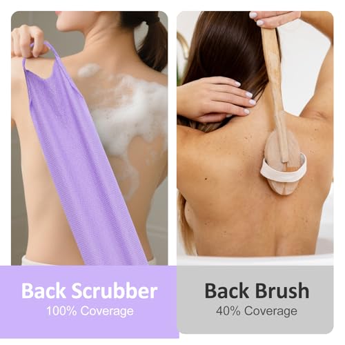 4PCS Exfoliating Back Scrubber with Handles, Nylon Double-Sided Exfoliator Extended Length Stretchable Body Exfoliating Washcloth Pull Strap Back Washer for Women Men(B)