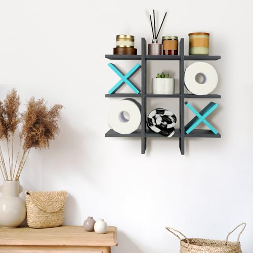 Weysat Tic Tac Toe Toilet Paper Holder Stand Bathroom Wall Decor Rustic Wooden Hanging Storage Freestanding Wall Mounted Shelves Decor for Toilet Tissue Farmhouse - color: Gray, Light Blue