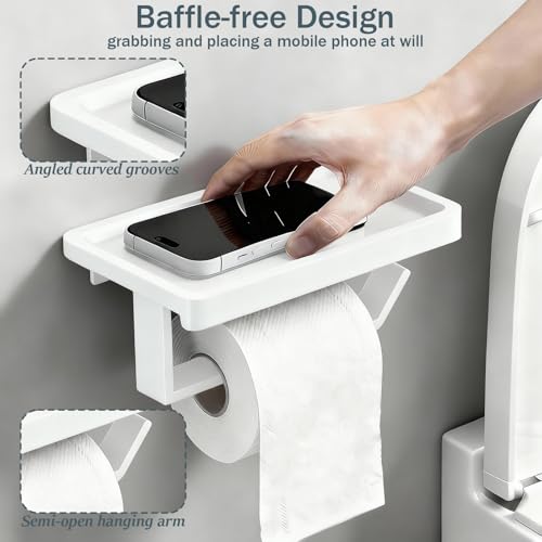Pure White Toilet Paper Holder with Shelf, Premium Thicken Aluminum Alloy, Self Adhesive Toilet Tissue Roll Holder Wall Mount for Bathroom, Washroom, Kitchen, RV with Cell Phone Storage - color: Pure White