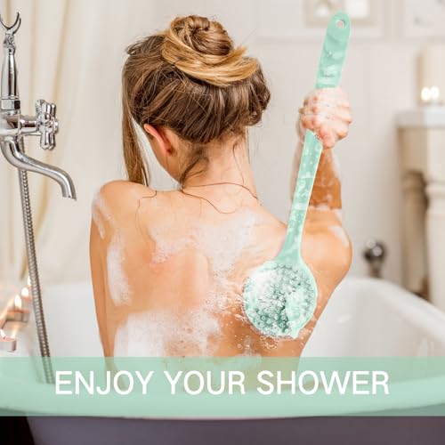 Sunnyray 2 Pack Silicone Back Scrubber for Shower with 15" Long Handle Double-Sided Bath Body Brush for Exfoliating Easy to Clean Quick Dry Deep Cleaning Lathers Well(Nordic Green) - color: Nordic Green
