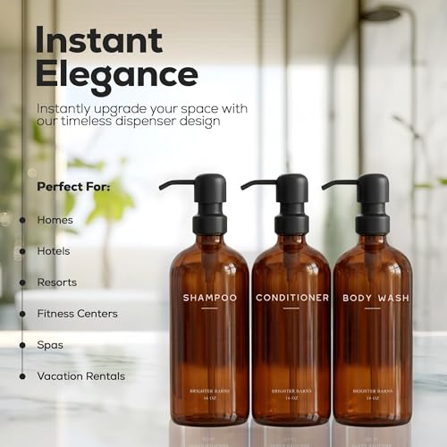 Amber Shampoo and Conditioner Dispenser Set by Brighter Barns - Body Wash and Shampoo Bottles with Pump - Refillable Plastic Shower Dispenser for Modern Bathroom Decor in Vacation Rental, Spa (Amber) - color: Amber
