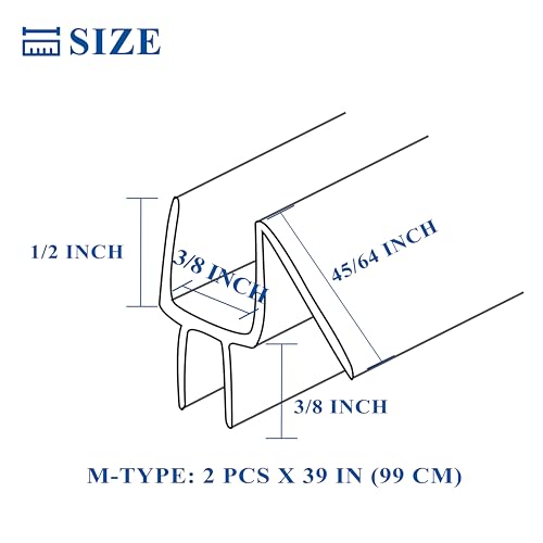 Frameless Shower Door Seal Strip 2 Pack x 39 Inch M Glass Shower Door Bottom Seal Strip for 3/8" Glass Shower Door Sweep, Ultra-Clear Polycarbonate Stop Showers Leaks Create A Water Barrier - color: M-Type Bottom, size: 2PCS & 3/8" & 39"