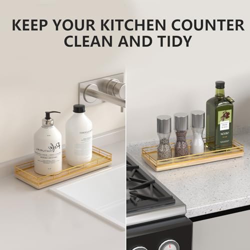 Bathroom Tray for Counter Top Organizer, Oak Wood Vanity Tray | Metal Frame for Dresser, Kitchen & Nightstand, Gold & Oak Decorative Storage - color: Gold & Oak, size: 11" x 4.5" x 1.5"