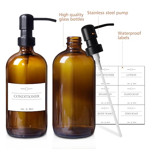 Bathroom Accessory Set 5 Pcs, 2 Pcs 16oz Amber Glass Soap Dispensers with Stainless Steel Pumps, 2 Pcs Qtip Holder Dispensers with Waterproof Labels & Bamboo Tray