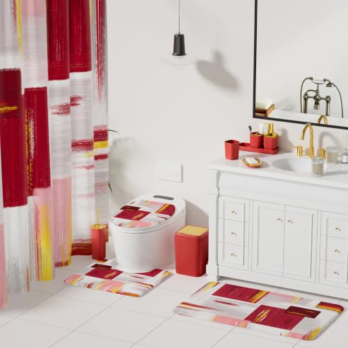 XLHOMO Bathroom Set - Burgundy Bathroom Accessories Set, Bathroom Sets with Shower Curtain and Rugs, Burgundy Shower Curtain Set with Bathroom Trash Can, Soap Dispenser, Soap Dish for Home Decor - color: Plaid Burgundy & Gold, size: Complete Set + Bath Ru