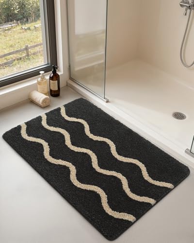 DEXI Wave Striped Bathroom Rug Washable, 36x24 Non Slip Bath Mat Absorbent, Ultra Soft Plush Microfiber Bathmat Quick Dry for Shower Floor, Tub, Sink, Black - color: Wave Stripes, size: 36" X 24" (Rectangular)