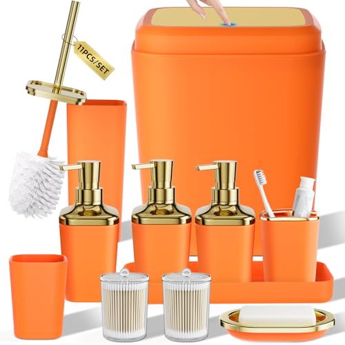 Bathroom Set - 11PC Bathroom Accessory Set, Bathroom Accessories Set, Orange Bathroom Set, Push-lid Trash Can, 3PC Soap Dispensers, Toilet Brush & Q-tip Holders - color: Orange & Gold, size: Bath Set