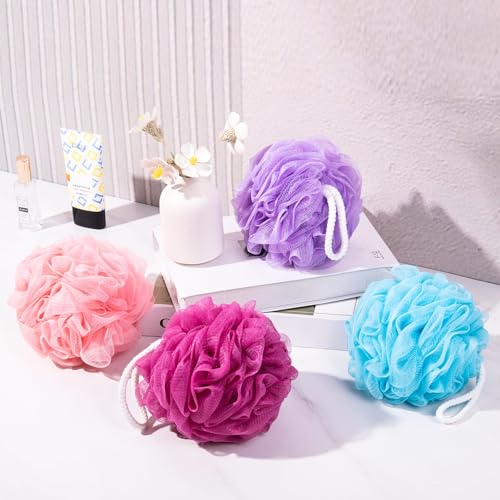 MTDLYICE Loofah for Women 75g 4 Pack, Bath Sponge Soft Mesh Shower Puff Loofah Sponge, Exfoliating Body Scrubber, lufas for Women, Shower Accessories (Purple Red Pink Blue) - style: 75g Vivacity