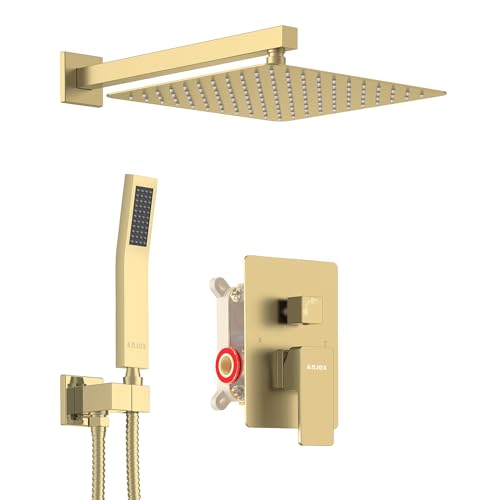 KOJOX Shower System Bathroom Luxury 10 Inch Rain Shower Head with Handheld Mixer Shower Combo Set Wall Mounted Shower Faucet Trim with Valve Brush Gold - color: Brushed Gold, size: 10''