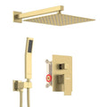 KOJOX Shower System Bathroom Luxury 10 Inch Rain Shower Head with Handheld Mixer Shower Combo Set Wall Mounted Shower Faucet Trim with Valve Brush Gold - color: Brushed Gold, size: 10''