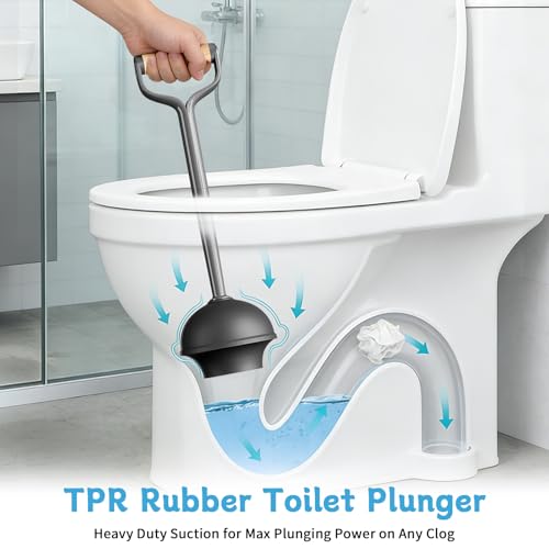 Sellemer Toilet Brush and Plunger Set, Curved Head for Deep Cleaning, Grey | Brush and Plunger set, Curved Nylon Bristles for Deep Clean, Strong Suction Plunger, Ventilated Holder for Quickly Air Dry - color: Gray
