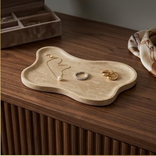 Cloud Shape 100% Natural Travertine Tray Luxury Travertine Vanity Organizer for Bathroom Kitchen Counter, Decorative Tray for Dresser Home Décor, 13.3x8.3x0.7 inches - color: Beige (Slightly White)