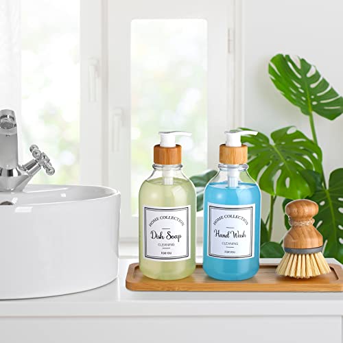 Zopeal 4 Pcs 16 oz Kitchen Soap Dispenser Set with Bamboo Tray and Dish Brush Plastic Soap Dispenser Set with Waterproof Labels for Hand Dish Lotion(Transparent) - color: Transparent