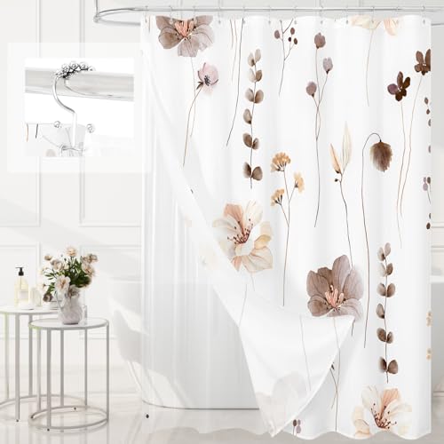 Gibelle Extra Long 3 in 1 Shower Curtain Set, Brown Watercolor Floral Bath Curtain and PEVA Liner Set with 12 Double Sided Steel Hooks, Waterproof Fabric Bathroom Curtain 72x84 - color: Brown, size: 72"W x 84"L (Pack of 1)