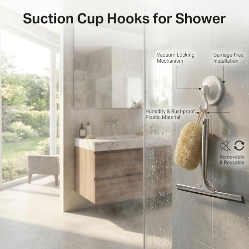 Heavy Duty Suction Cups with Hooks, Waterproof Shower Towel Holder | for Bathroom Wall Tile, Removable No-Drill Vacuum Suction Cup with Hook for Glass Door & Loofah, 4 Pack, White