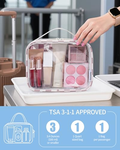 Narwey TSA Approved Clear Toiletry Bag for Travel, Waterproof PVC Clear Makeup Bags, Portable Compact Cosmetic Bag Make Up Organizer, Airport Airline Quart Size Compliant Bag (Dusty Pink Checkerboard) - color: Dusty Pink Checkerboard