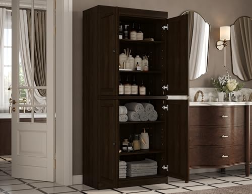 Palace Imports Solid Wood Tall Bathroom Storage Cabinet - 71.5" H x 32" W - Espresso Wooden Cabinet with 4 Raised Panel Doors & Adjustable Shelves, 100% Renewable Eco-Friendly Wood, Modular Cabinets - color: Espresso