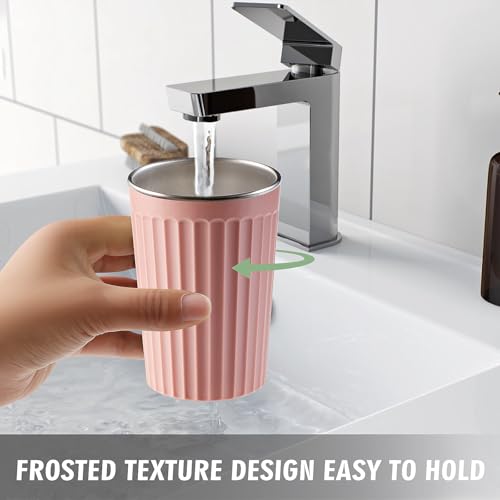 Toothbrush Cup for Bathroom-12oz Unbreakable Stainless Steel Bathroom Cup,Easy to Clean Toothbrush Mouthwash Cup, Reusable Bathroom Tumbler Cups for Home/School/Office(3" x 4.5") (Pink) - color: Pink