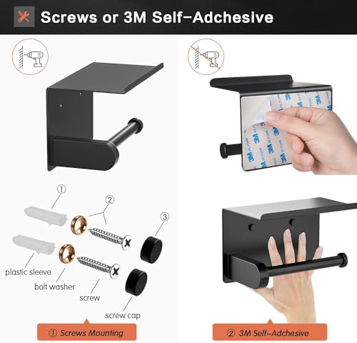 Self Adhesive Toilet Paper Holder with Phone Shelf Stainless Steel（Black Wall Mounted Toilet Paper Roll Holder - Rustproof and Bathroom Washroom Tissue Roll Holder with Storage Shelf, GZJJ-1 - color: Black