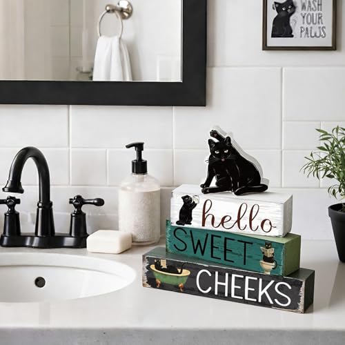 Cinnvoice 4 Pcs Black Cat Bathroom Decor Farmhouse Bathroom Decoration Hello Sweet Cheeks Table Centerpiece Gift for Christmas Valentines Back to School - style: Black Cat Hello Sweet Cheeks