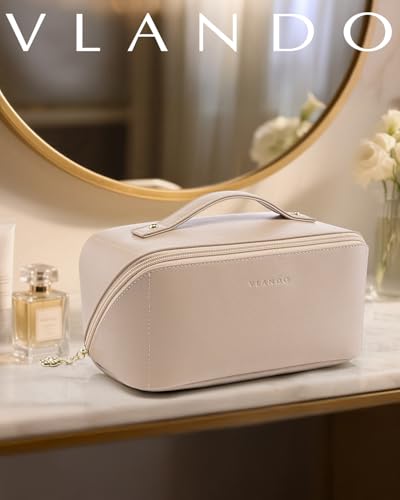 VLANDO Makeup Bag,Travel Toiletry Bag,Cosmetic Bag for Women PU Leather Portable Make up Bag for Skincare, Brushes & Travel Essentials-Toffee - color: 01.Toffee