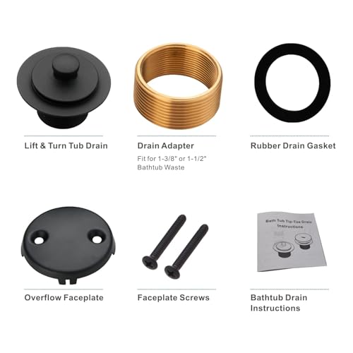 Black tub Drain Lift &Turn Tub Trim Set with Two-Hole Overflow Faceplate Conversion Kit Assembly, Hidrop Bathtub Drain Replacement Trim Kit and Universal Fine/Coarse Thread, Matte Black - color: Black
