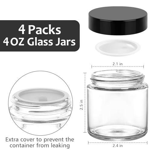 Accmor 4 oz Glass Jars with Black Lids, 4 Pack Empty Glass Jars Makeup Sample Container with Inner Liners, Leakproof Round Airtight Cosmetic Travel Containers for Lotions, Creams, Candle Making - color: Black, size: 4 Ounce